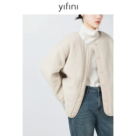 Yifini/易菲宽松保暖小香风圆领棉服女2023秋冬新款通勤棉衣外套图片