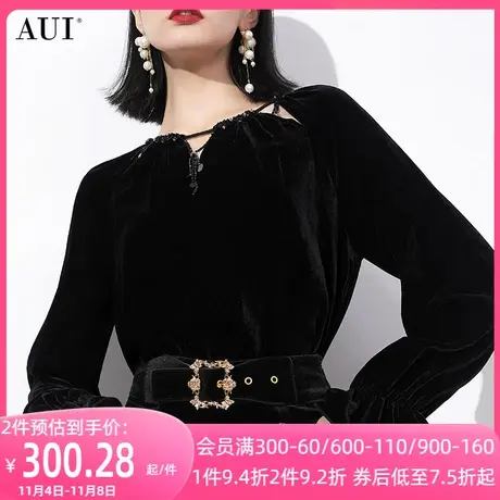 AUI法式黑色丝绒打底衫女2023年秋冬新款名媛气质泡泡袖修身上衣商品大图