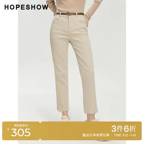 红袖outlets通勤系带直筒九分裤hopeshow2023冬款修身显瘦休闲裤商品大图