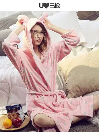三枪睡袍女秋冬中长款婴儿绒保暖女秋冬连帽全开襟长袖女家居服商品大图
