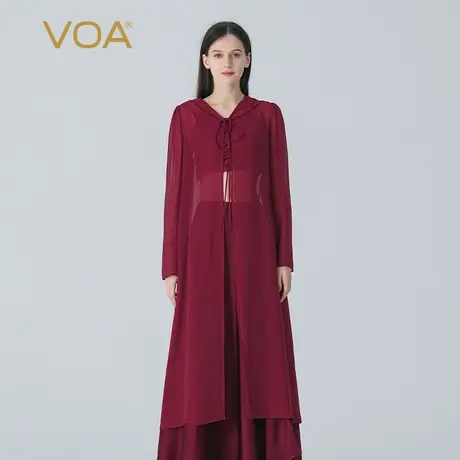 VOA桑蚕丝乔其酒红色连帽长袖系带宽松百搭中长款真丝风衣外套图片