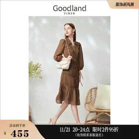 Goodland美地女装2023春季海鸥领中长款木耳花边泡泡袖连衣图片