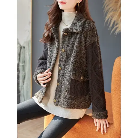 宝诗黎翻领针织拼接羊羔毛外套2023冬季新款时尚慵懒风开衫上衣女商品大图