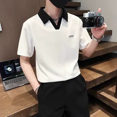 夏季男士t恤男装polo衫短袖翻领半袖潮流韩版撞色翻脸V领个性体恤商品大图
