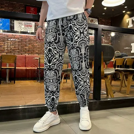 2023夏季个性潮流百搭休闲高级冰丝民族风薄款透气花色束脚九分裤图片