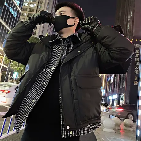 2023格子拼接假两件棉服男冬季个性潮牌立领加厚潮男工装棉衣外套图片