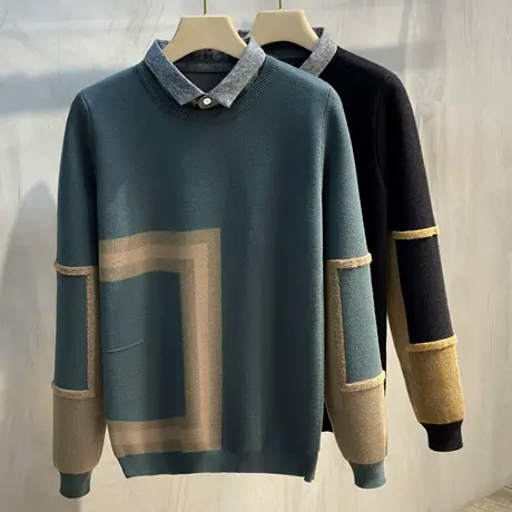 2023年秋冬新款加绒加厚韩版潮几何假两件毛衣衬衫领针织打底衫男商品大图