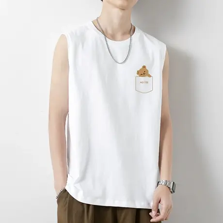 纯棉无袖t恤男士背心夏季外穿健身运动坎肩小熊印花篮球跨栏汗衫商品大图