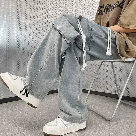 春季新款做旧宽松牛仔裤男潮流大码工装大口袋高街休闲直筒长裤子图片