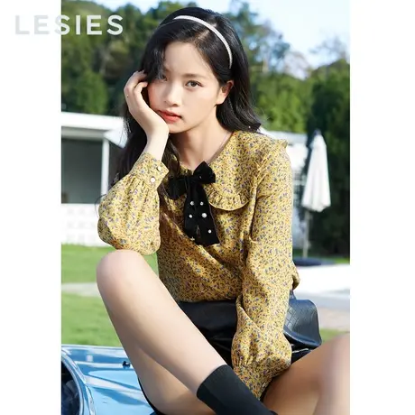 LESIES蓝色倾情春夏新款女娃娃领长袖学院风衬衫印花上衣小衫图片