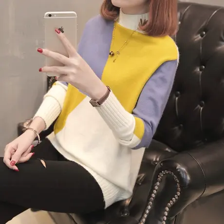 半高领毛衣女冬套头拼色2025韩版秋冬新款宽松内搭洋气针织衫外穿商品大图