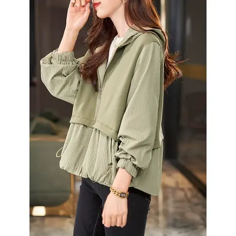 宝诗黎连帽拼接抽绳拉链开衫女休闲上衣2023秋季新款棉质宽松外套商品大图