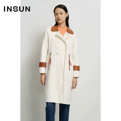 INSUN恩裳冬季羊毛双排扣腰带撞色毛呢外套商品大图