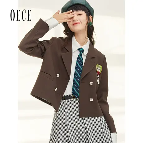 Oece复古短款小西装秋季新款女气质休闲西服女外套图片
