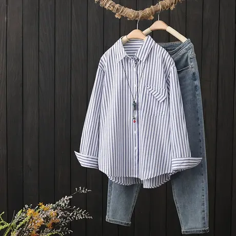 简约竖条纹衬衫女长袖宽松休闲百搭棉质衬衣春季新款打底上衣外搭商品大图