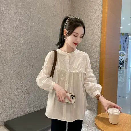 新款白色衬衫上衣女百搭显瘦减龄衬衣木耳边小众设计感九分袖外套商品大图
