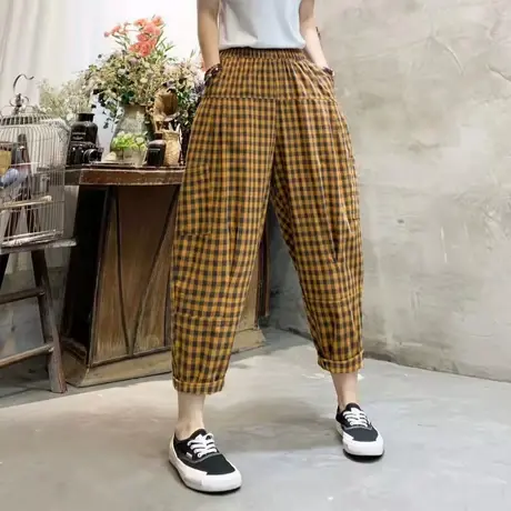 小个子哈伦裤女宽松显瘦高腰九分裤2023春夏秋新款时尚格子小脚裤商品大图