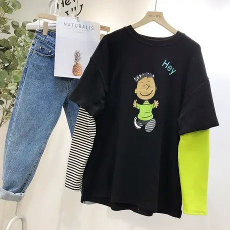 2020春款韩国东大门ins潮卡通慵懒风磨毛假两件T恤欧洲站内搭大码图片