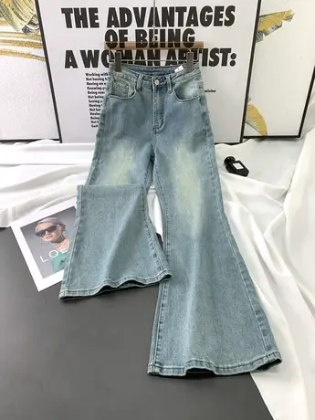 韩版复古基础弹力喇叭裤女2023秋季新款显瘦百搭高腰牛仔微喇长裤商品大图