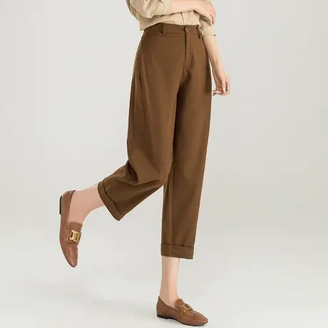 棕色裤子女小个子镰刀裤2023新款羊毛女裤九分裤哈伦裤八分灯笼裤商品大图