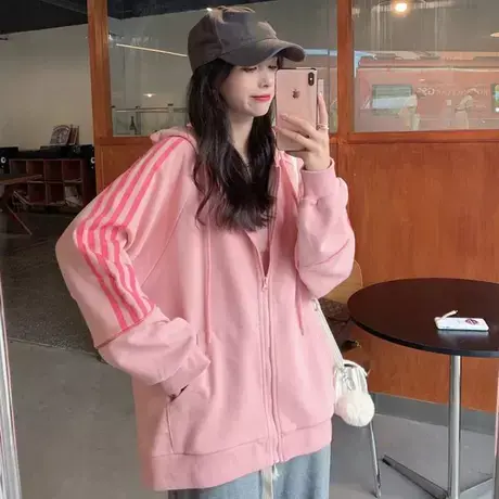 美式复古hiphop卫衣女春秋薄款宽松设计感小众慵懒风连帽开衫外套商品大图