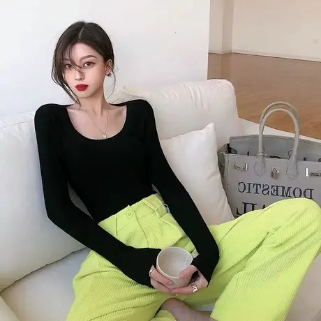 韩版长袖t恤女2024低领秋冬u领螺纹棉正肩紧身百搭U领打底上衣女图片