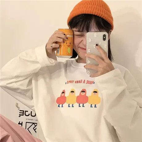 红续原创港风ins潮卡通趣味纯棉长袖T恤2020秋装新款圆领薄卫衣女图片