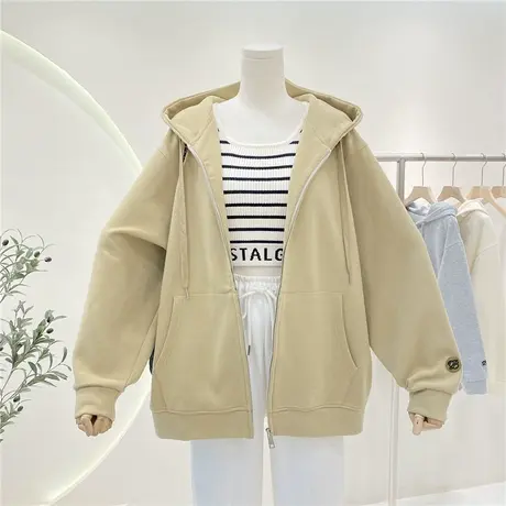 拉链开衫连帽外套女复古字母刺绣宽松慵懒休闲卫衣女oversize上衣商品大图