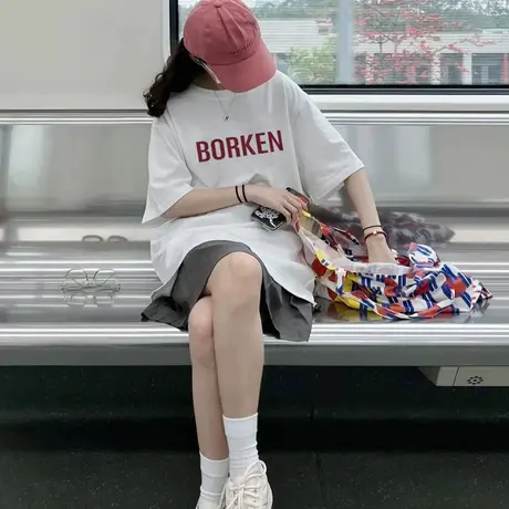 清仓中长款大版t恤短袖女2023新款欧货宽松仿棉圆领遮屁股上衣ins商品大图