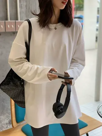 白色德绒打底衫内搭秋冬装宽松百搭洋气加绒中长款t恤女长袖上衣商品大图