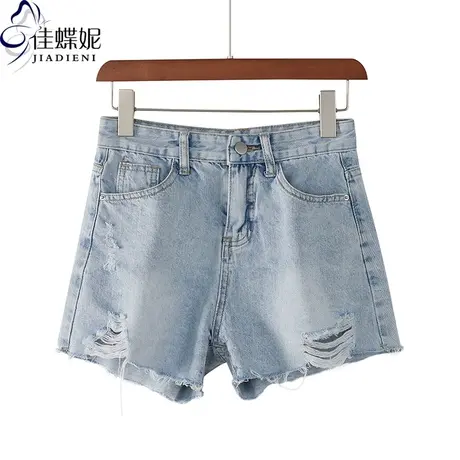 夏季新款性感修身热裤女做旧破洞破边拉丝蓝色短裤下装商品大图