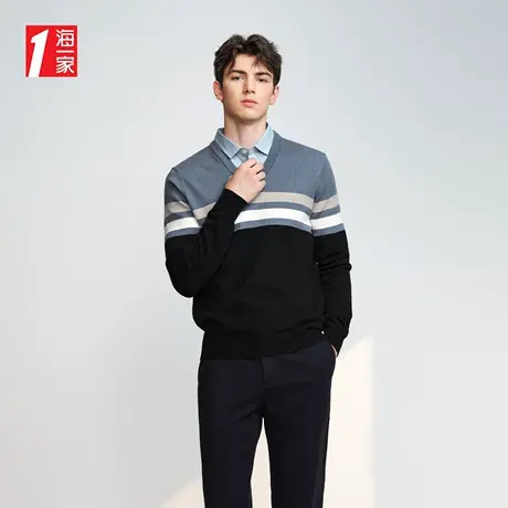 海一家时尚条纹假两件2023秋季新款简约休闲基础日常双领针织衫男图片