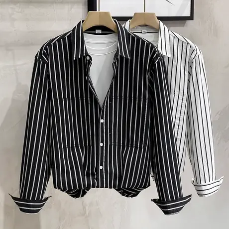 色织提花春秋款复古日系竖条纹衬衫男士潮流宽松休闲衬衣长袖外套商品大图