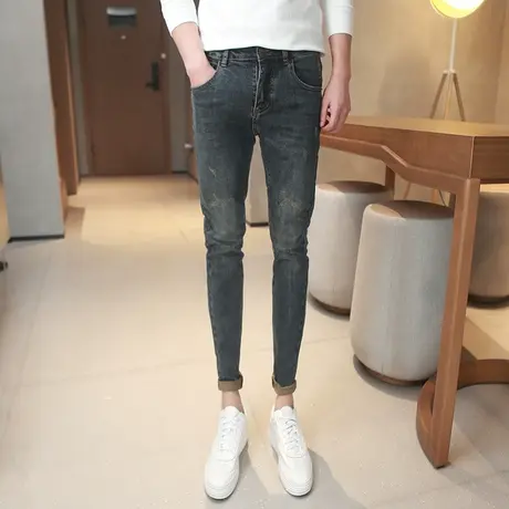 做旧刮烂猫爪牛仔裤男韩版修身小脚裤2023秋冬新款做旧显瘦铅笔裤图片