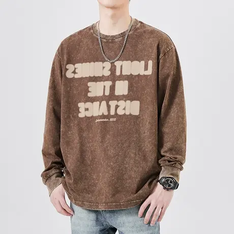 潮牌春秋款字母印花t恤男士纯棉长袖上衣服男装春季圆领体恤男款商品大图