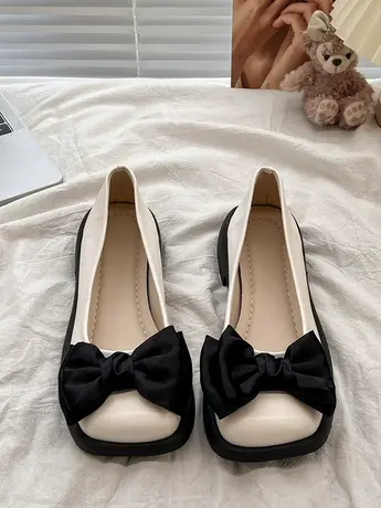 乐福小皮鞋女2023新款法式蝴蝶结浅口瓢鞋配裙子气质复古小众单鞋商品大图