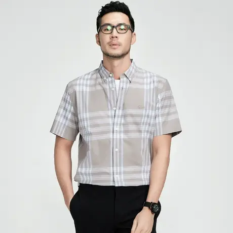 格慕施夏季纯棉短袖衬衫男士全棉格子大码宽松休闲时尚潮流衬衣男商品大图
