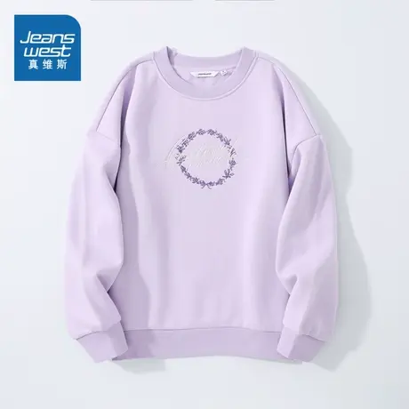 JW真维斯2023冬季新款女装休闲米呢绒圆领字母绣花长袖宽松卫衣潮图片