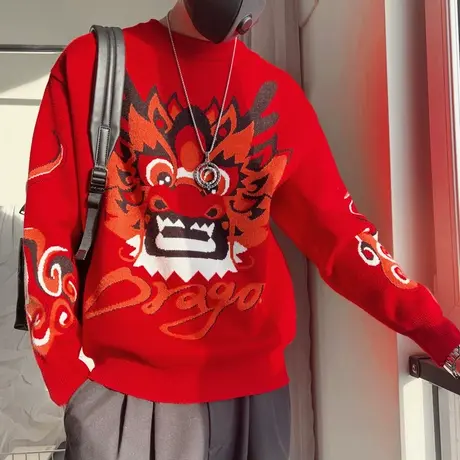 国风设计感龙年情侣款红色毛衣男冬季2023新款潮牌时尚打底针织衫商品大图