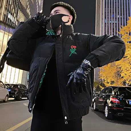 潮牌棉衣外套男冬季刺绣时尚韩版修身撞色格子高级感立领刺绣棉服图片