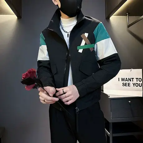 秋季男士夹克外套男装上衣修身立领潮流撞色运动休闲薄款潮牌百搭商品大图