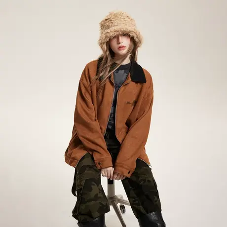 拼接纯色薄款外套女美拉德穿搭春秋新款街头潮牌宽松复古夹克上衣商品大图