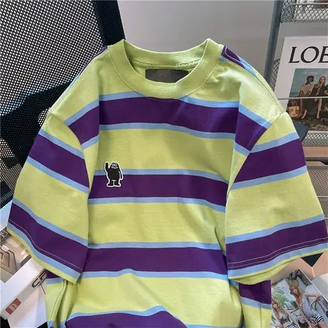 美式复古刺绣小怪兽条纹短袖t恤男女夏季vintage国潮正肩半袖上衣图片