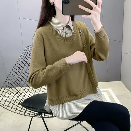 2025春秋新款衬衫拼接假两件毛衣女宽松气质衬衣领条纹针织衫上衣图片