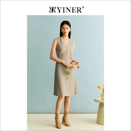 YINER音儿女装冬季法式优雅无袖V领收腰羊毛内搭连衣裙商品大图