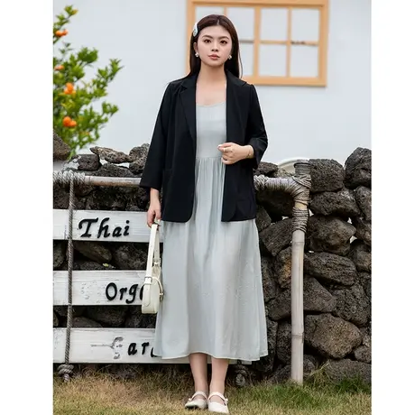 大码女装两套连衣裙春装新款经典薄款西装外套显瘦胖MM吊带雪纺裙图片