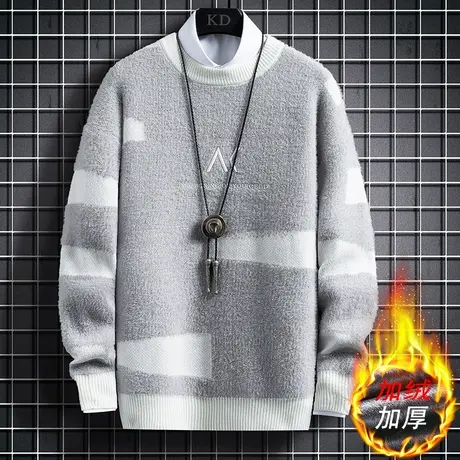 冬季圆领加绒加厚毛衣男韩版潮青年保暖休闲学生内搭线衣针织衫男商品大图