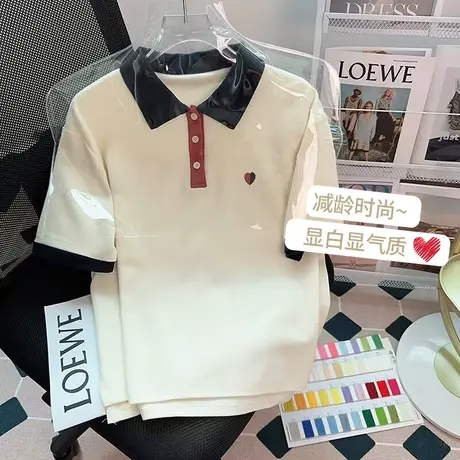 纯棉设计感polo衫撞色短袖t恤女夏季新款小众宽松正肩上衣小个子商品大图