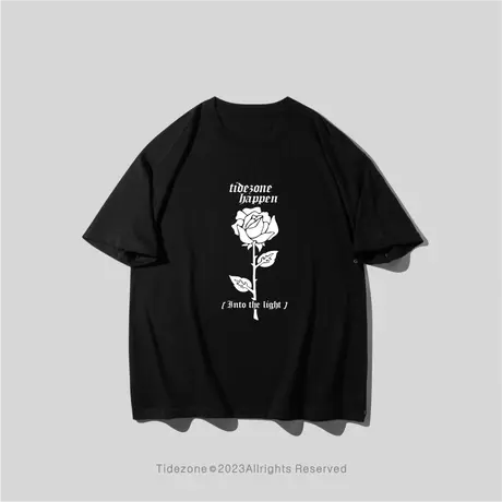 Ohlyah美式潮牌玫瑰花卉字母印花复古小众国潮嘻哈短袖T恤男上衣图片