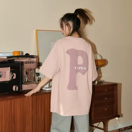 YEP字母发泡印花短袖t恤女夏季2024新款复古宽松oversize纯棉上衣商品大图